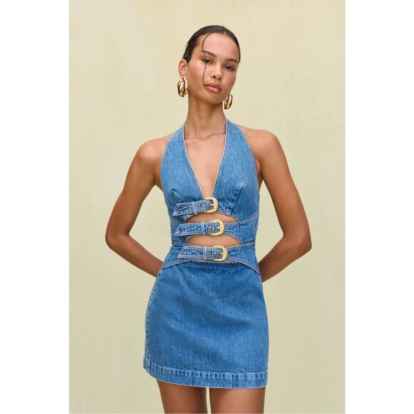 Commense Denim Halter Buckle Mini Dress Women’s Medium 4-6 Casual Chic - Picture 1 of 6